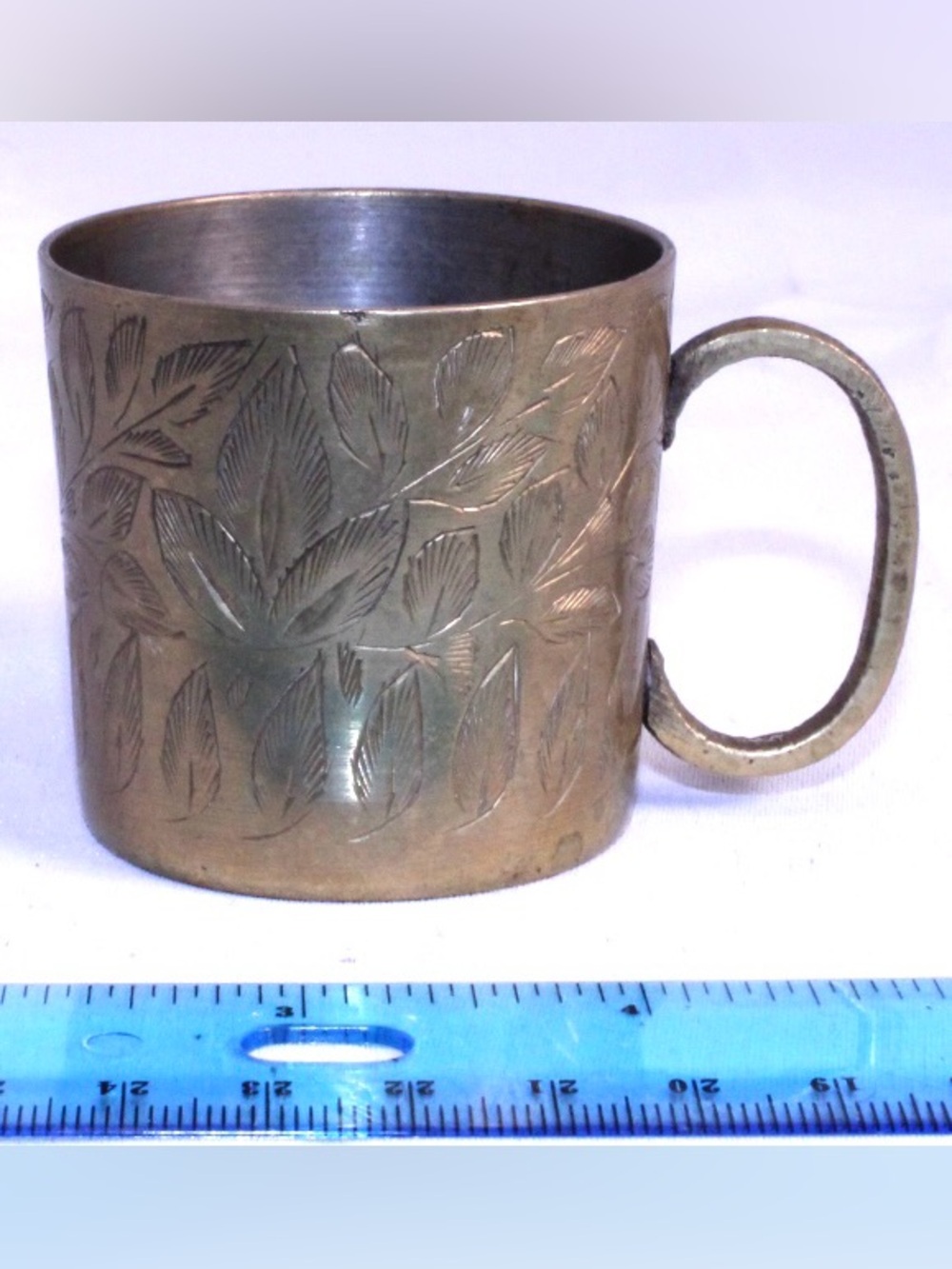 Vintage Etched Leaf Foliage Brass Mug